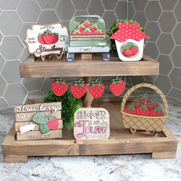 Handmade Tiered Tray Decor Summer Is My Jam 9 pieces Strawberries Vintage Truck - Picture 1 of 9